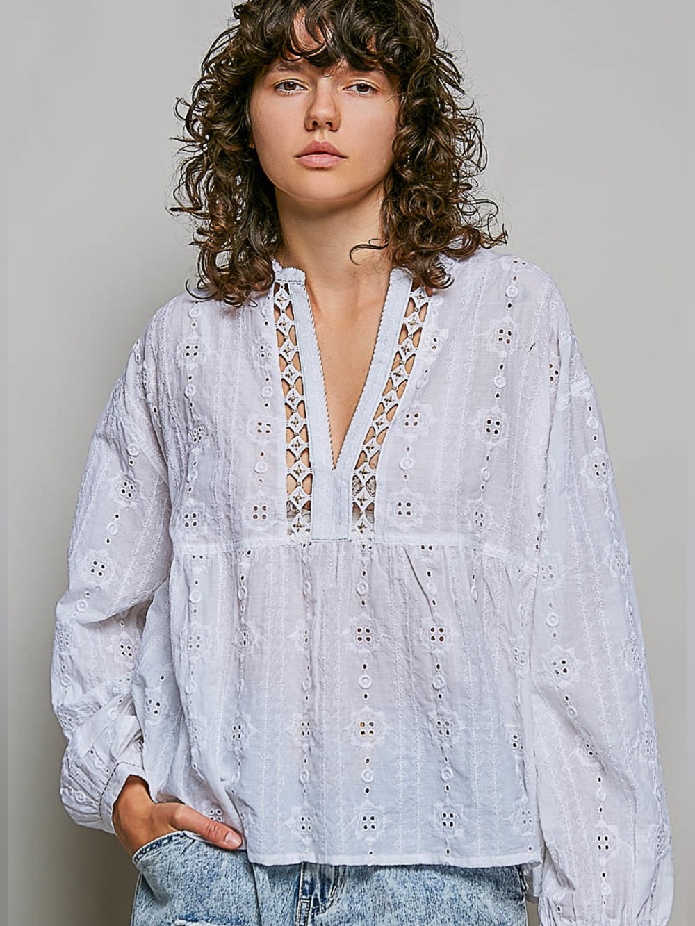 ❤️ POL Lace Eyelet Long Sleeve Cotton Blouse-Off White
